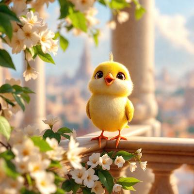 The primary subject of the image is a small yellow bird perched on a ledge or balcony. The bird is surrounded by white flowers, which adds a touch of color and beauty to the scene. The setting appears to be an outdoor environment, possibly a garden or a balcony of a building. The visual style of the image is a combination of photo and digital art, creating a realistic yet artistic representation of the bird and its surroundings. The colors and mood of the image are predominantly warm and
